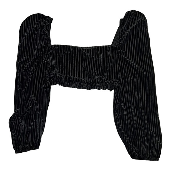 Pretty Little Thing Black Velvet Ribbed Cropped Top Long Puff Sleeve Square Neck - Picture 2 of 6